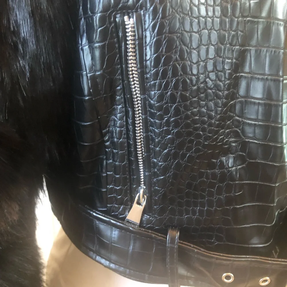 Black Croc-Embossed Faux Leather Moto Jacket with Faux Fur Sleeves